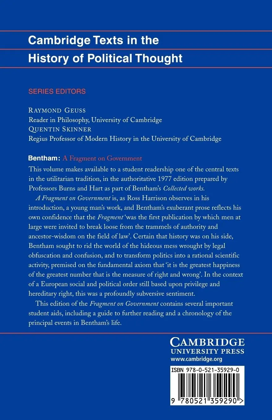 Rückseite: 9780521359290 | Bentham | A Fragment on Government | Jeremy Bentham (u. a.) | Buch
