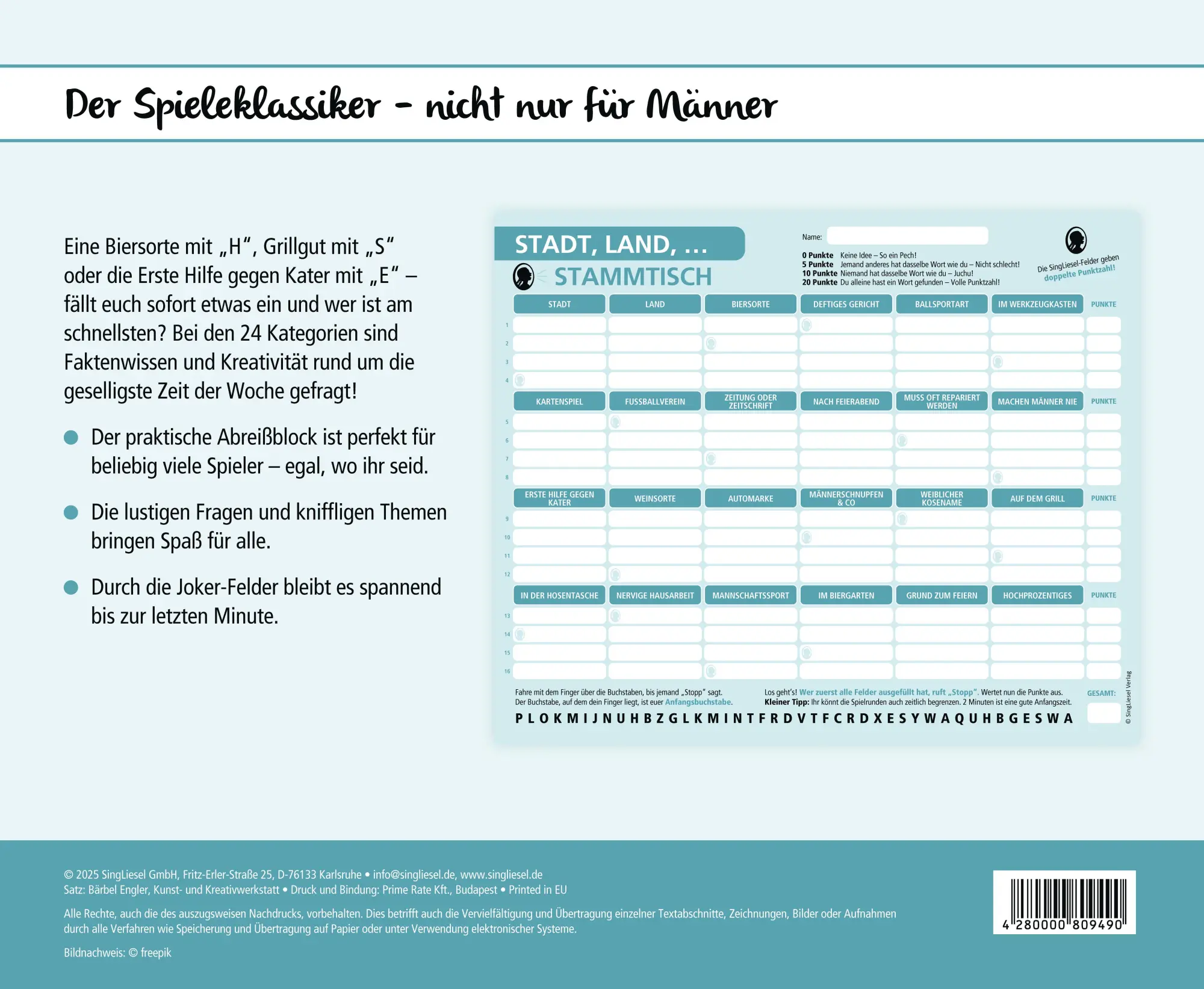 Bild: 4280000809490 | Stadt, Land, Stammtisch | Singliesel | Spiel | 100 S. | Deutsch | 2025