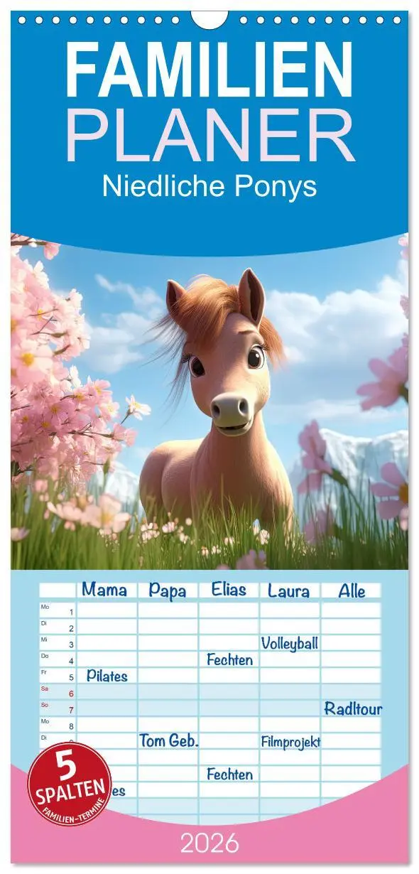 Cover: 9783516499490 | Familienplaner 2026 - Niedliche Ponys mit 5 Spalten (Wandkalender,...