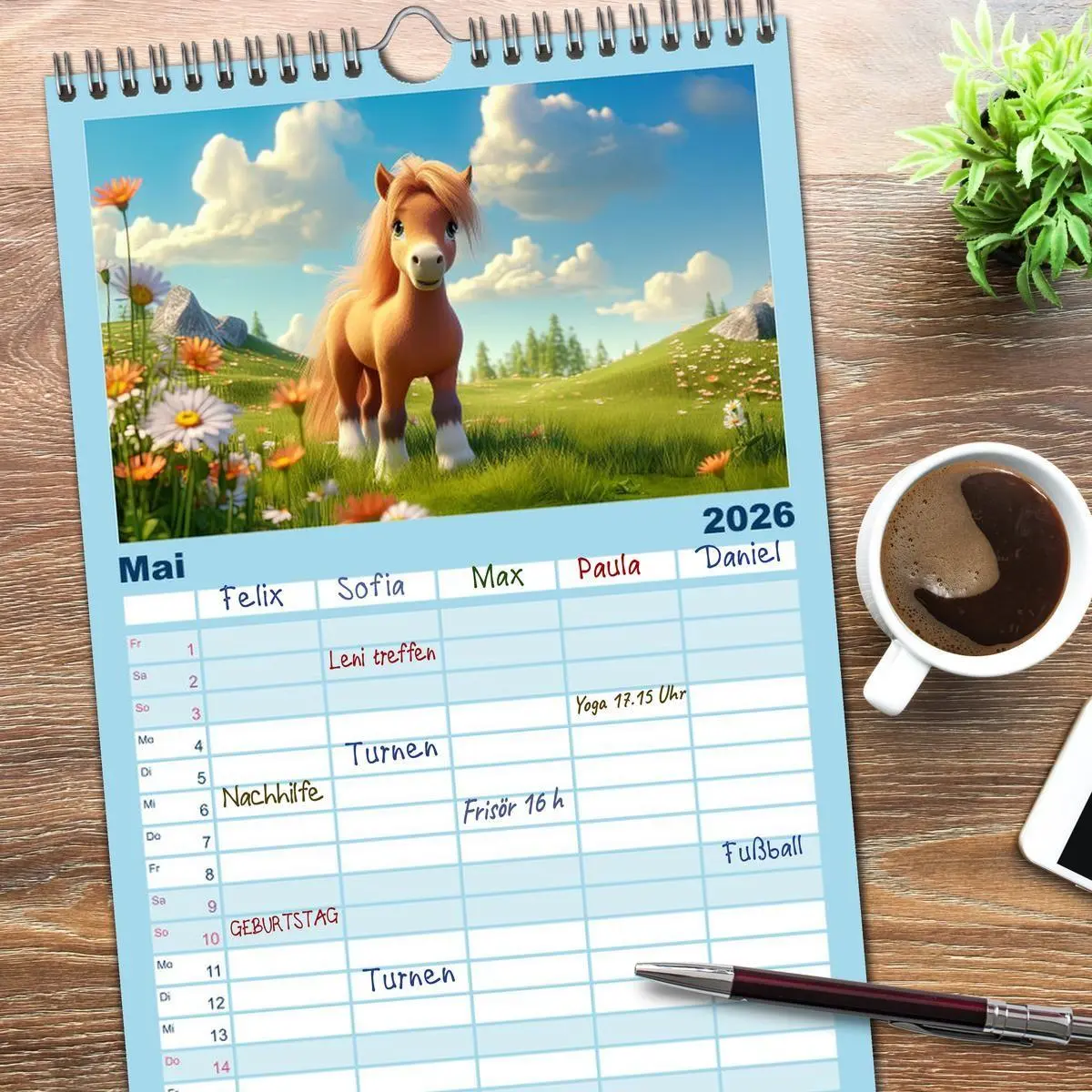 Bild: 9783516499490 | Familienplaner 2026 - Niedliche Ponys mit 5 Spalten (Wandkalender,...