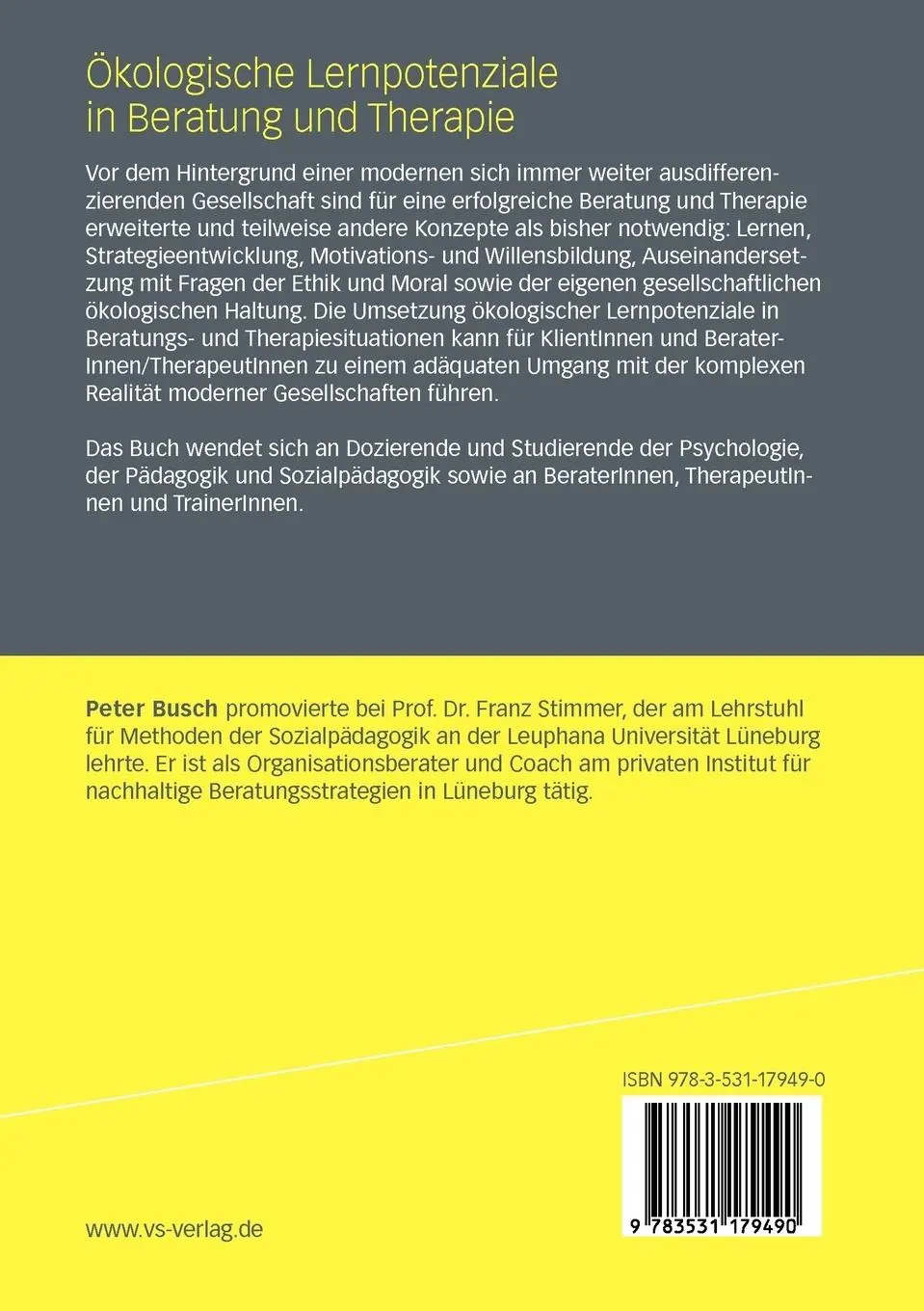Rückseite: 9783531179490 | Ökologische Lernpotenziale in Beratung und Therapie | Peter Busch