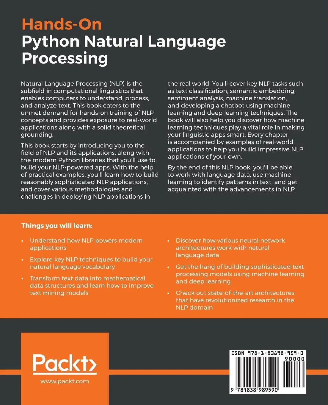 Rückseite: 9781838989590 | Hands-On Python Natural Language Processing | Aman Kedia (u. a.)