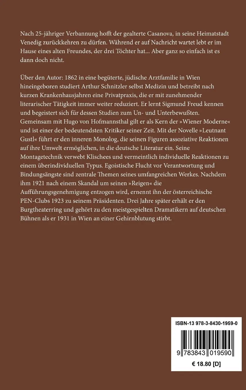 Rückseite: 9783843019590 | Casanovas Heimfahrt | Arthur Schnitzler | Buch | 92 S. | Deutsch
