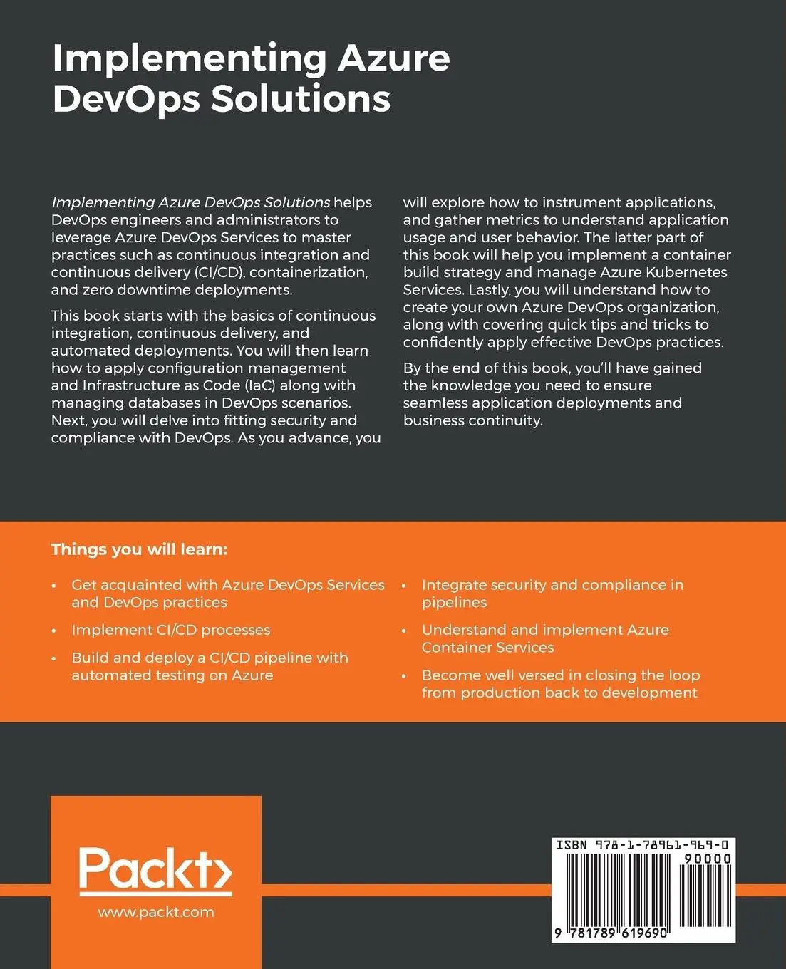 Rückseite: 9781789619690 | Implementing Azure DevOps Solutions | Henry Been (u. a.) | Taschenbuch
