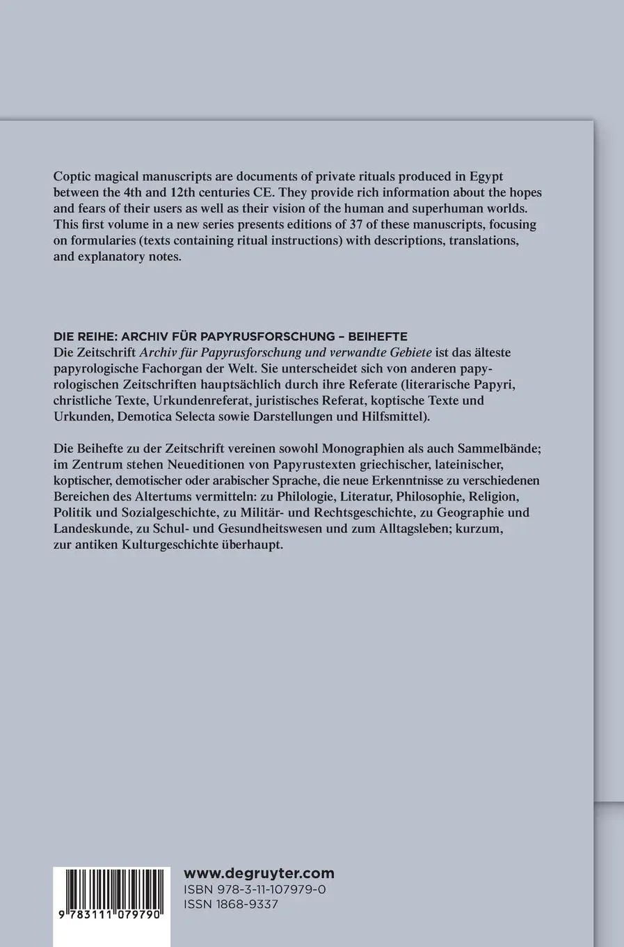 Rückseite: 9783111079790 | Papyri Copticae Magicae | Coptic Magical Texts, Volume 1: Formularies