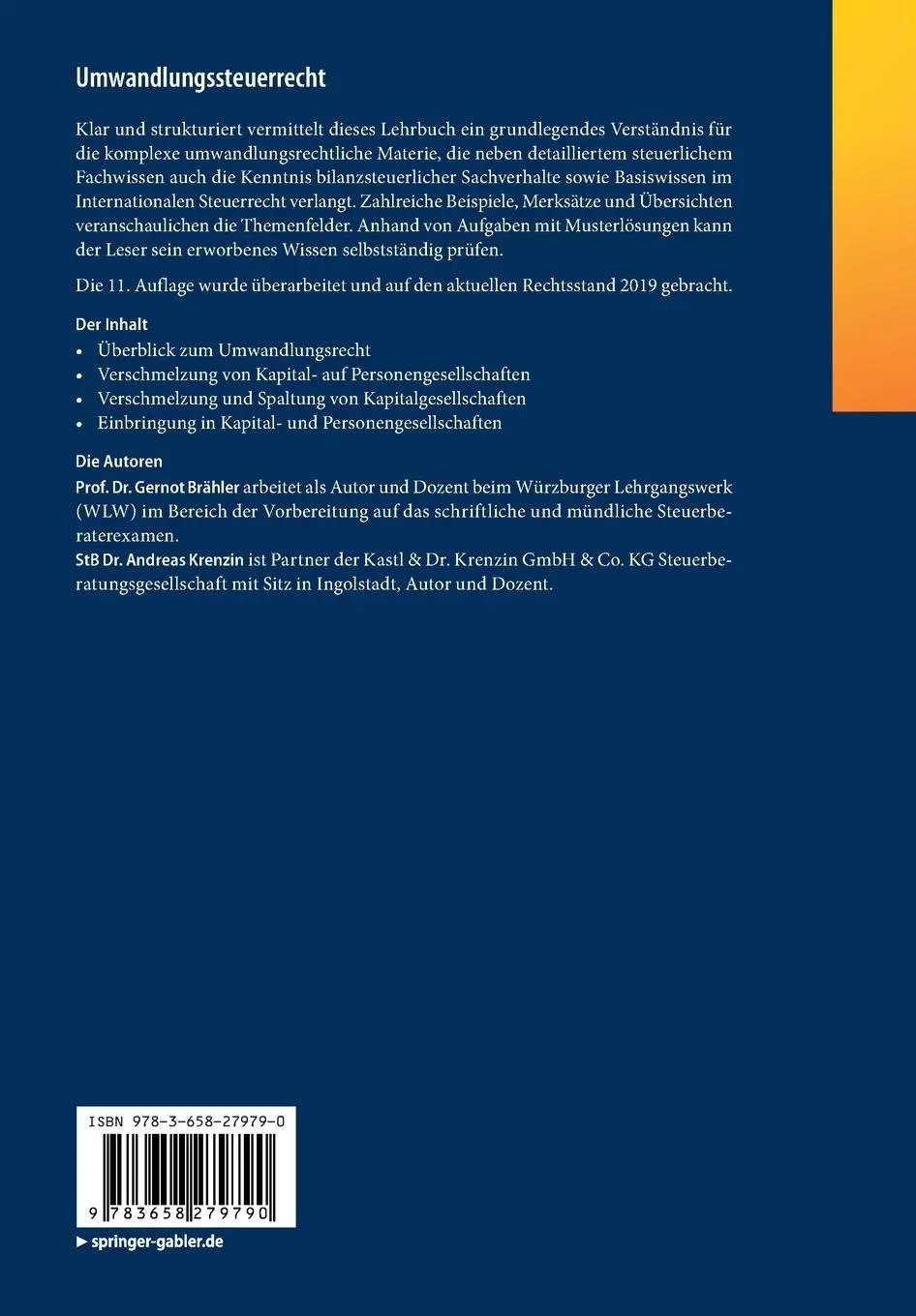 Rückseite: 9783658279790 | Umwandlungssteuerrecht | Andreas Krenzin (u. a.) | Taschenbuch | XVII