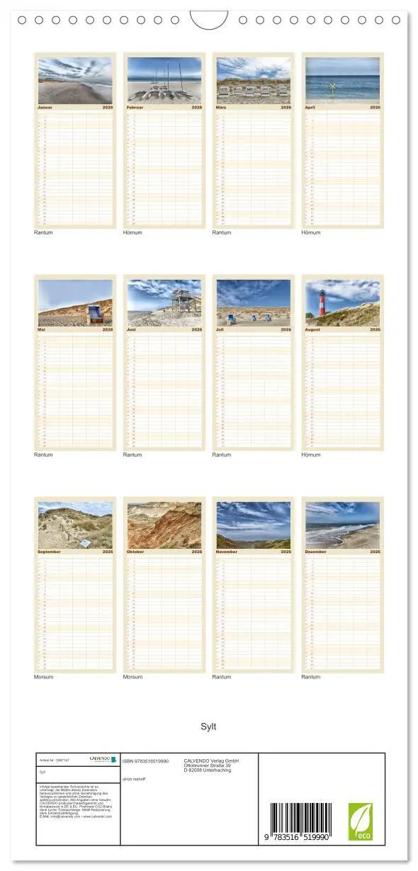 Bild: 9783516519990 | Familienplaner 2026 - Sylt mit 5 Spalten (Wandkalender, 21 x 45 cm)...
