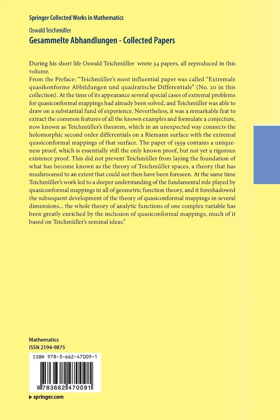 Rückseite: 9783662470091 | Gesammelte Abhandlungen - Collected Papers | Oswald Teichmüller | Buch