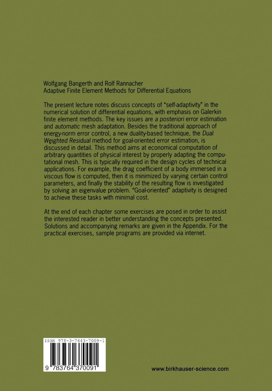 Rückseite: 9783764370091 | Adaptive Finite Element Methods for Differential Equations | Buch