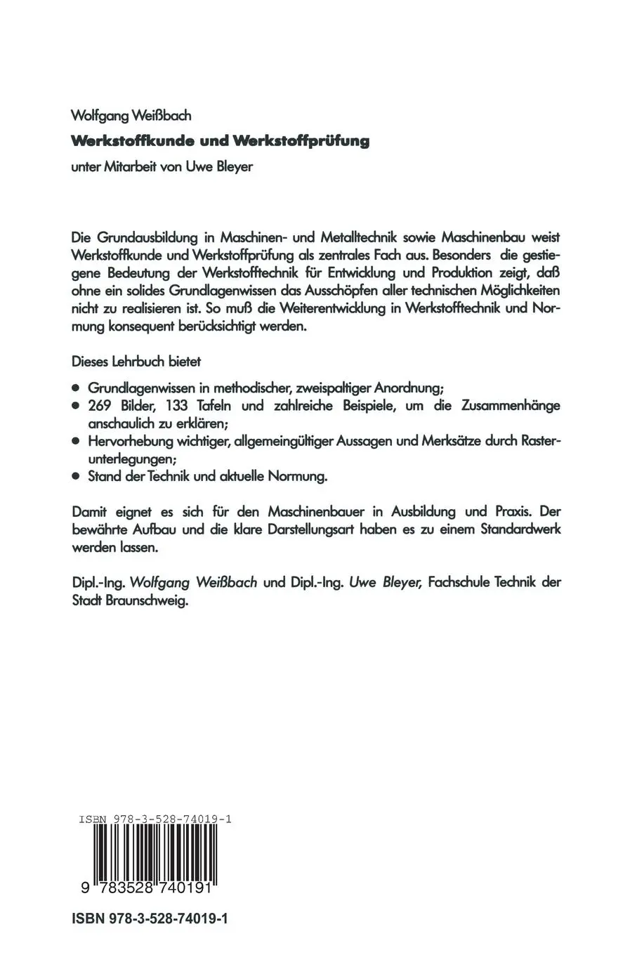 Rückseite: 9783528740191 | Werkstoffkunde und Werkstoffprüfung | Wolfgang Weißbach | Taschenbuch
