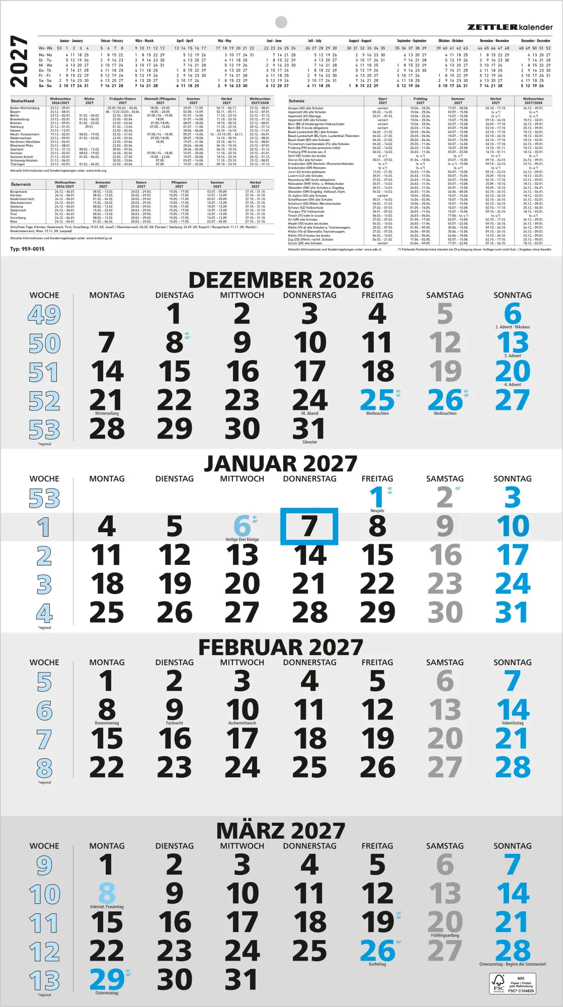 Cover: 4069095010291 | 4-Monatskalender blau 2027 | Neumann Verlage GmbH &amp; Co KG | Kalender