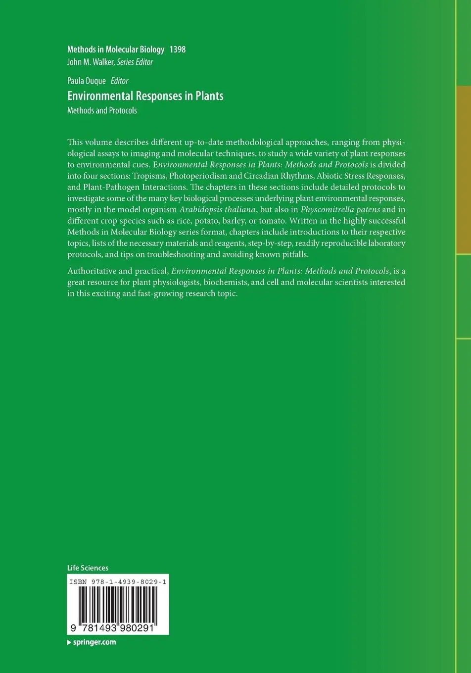 Rückseite: 9781493980291 | Environmental Responses in Plants | Methods and Protocols | Duque