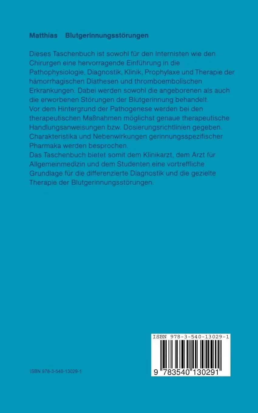 Rückseite: 9783540130291 | Blutgerinnungsstörungen | F. R. Matthias | Taschenbuch | xiv | Deutsch