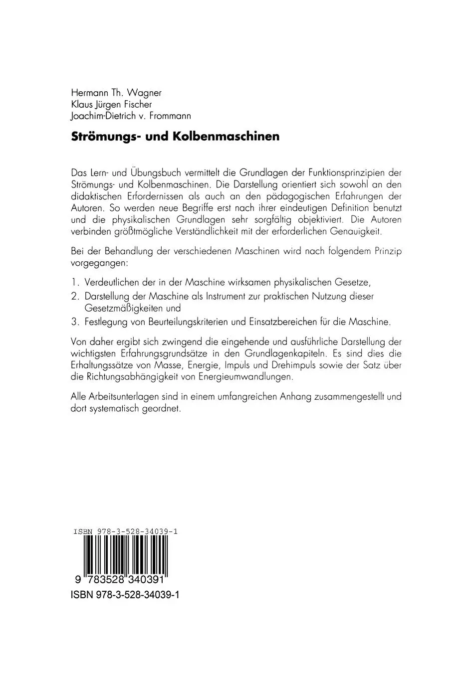 Rückseite: 9783528340391 | Strömungs- und Kolbenmaschinen | Lern- und Übungsbuch | Wagner (u. a.)