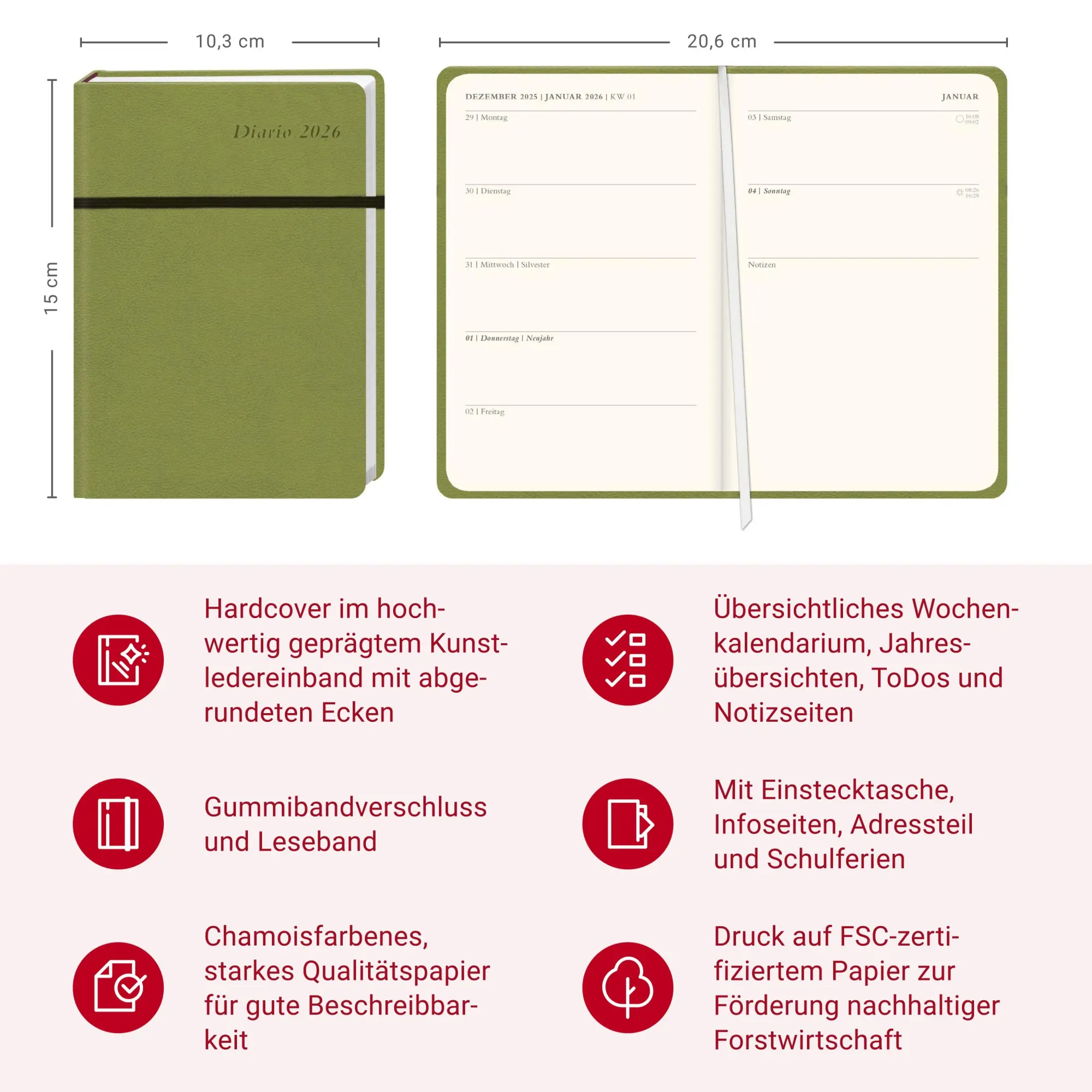 Bild: 9783756410491 | Diario Wochen-Kalenderbuch A6, grün 2026 | Buch | Bürokalender Heye