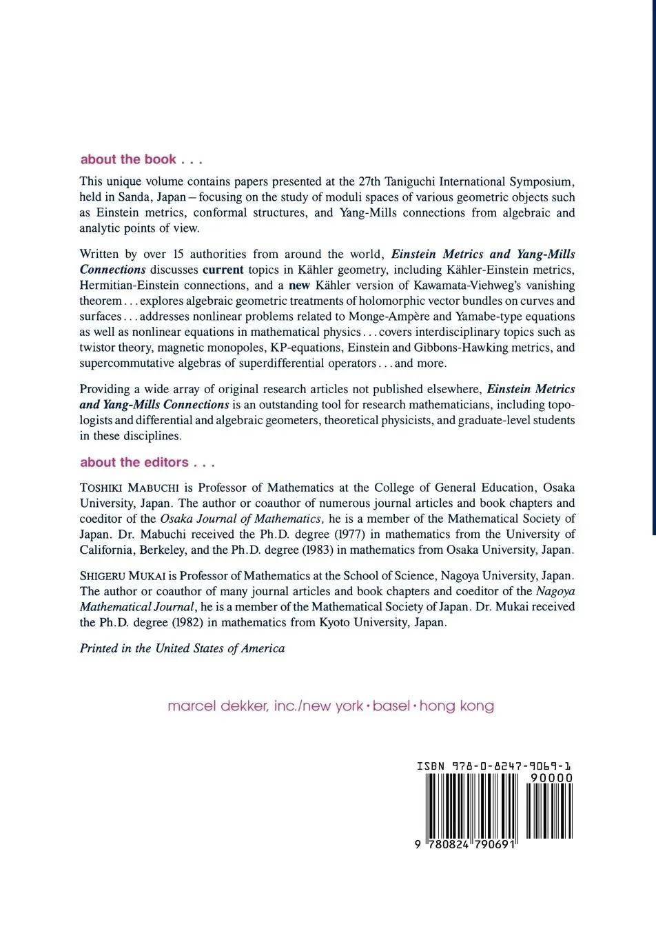 Rückseite: 9780824790691 | Einstein Metrics and Yang-Mills Connections | Toshiki Mabuchi | Buch