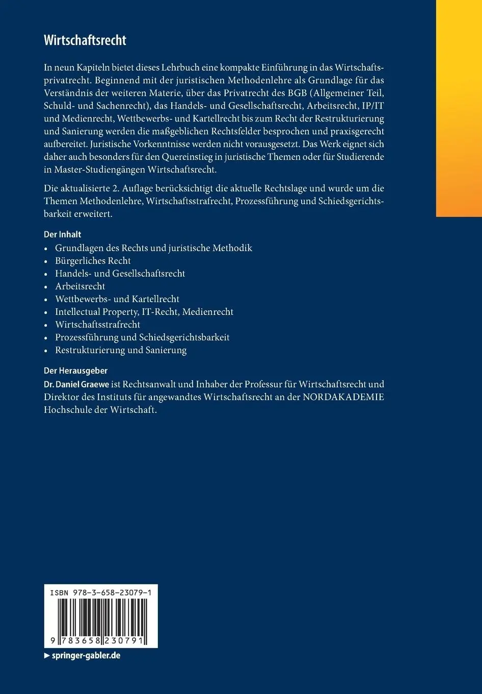 Rückseite: 9783658230791 | Wirtschaftsrecht | Lehrbuch für Master-Studiengänge | Daniel Graewe
