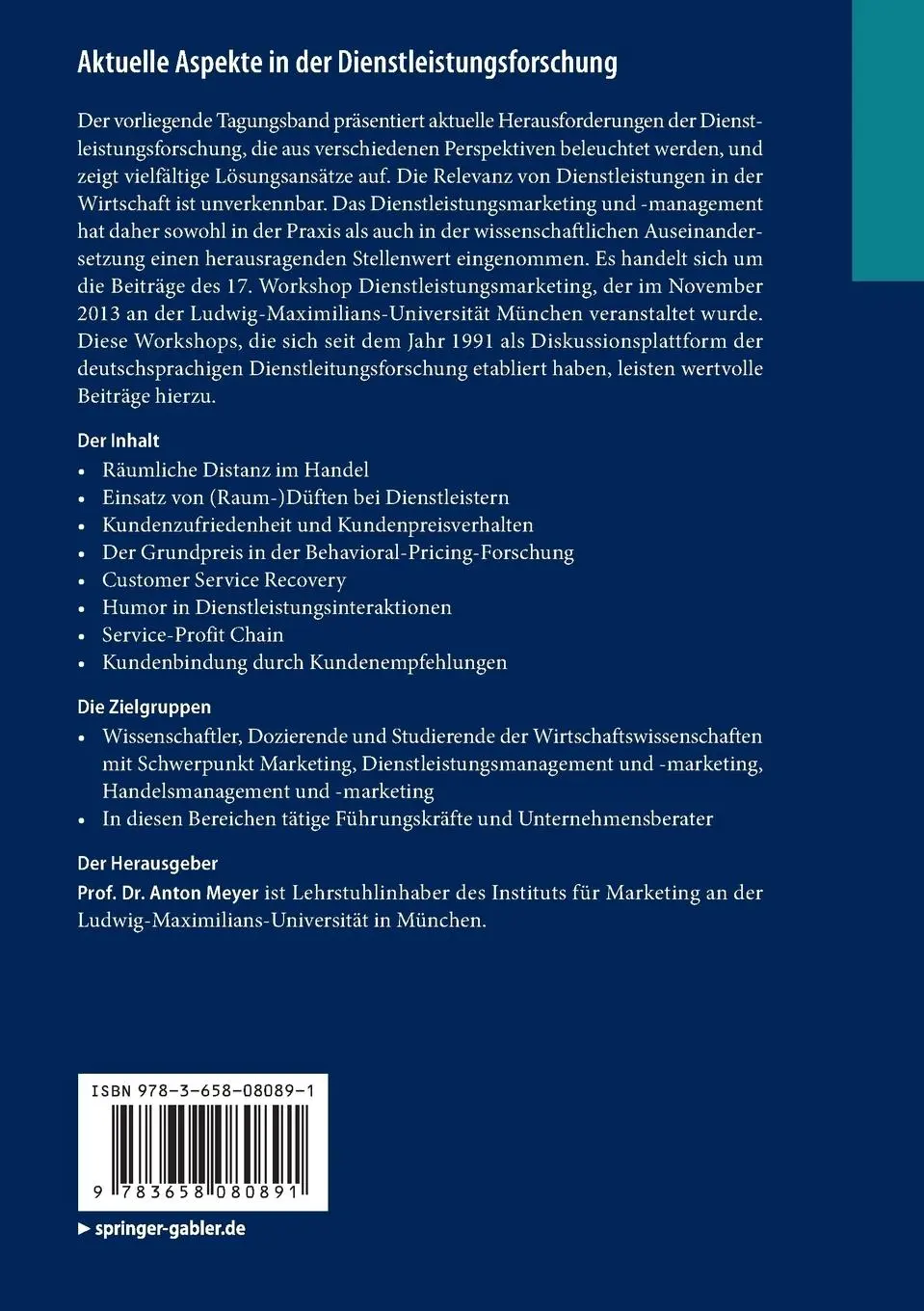 Rückseite: 9783658080891 | Aktuelle Aspekte in der Dienstleistungsforschung | Anton Meyer | Buch