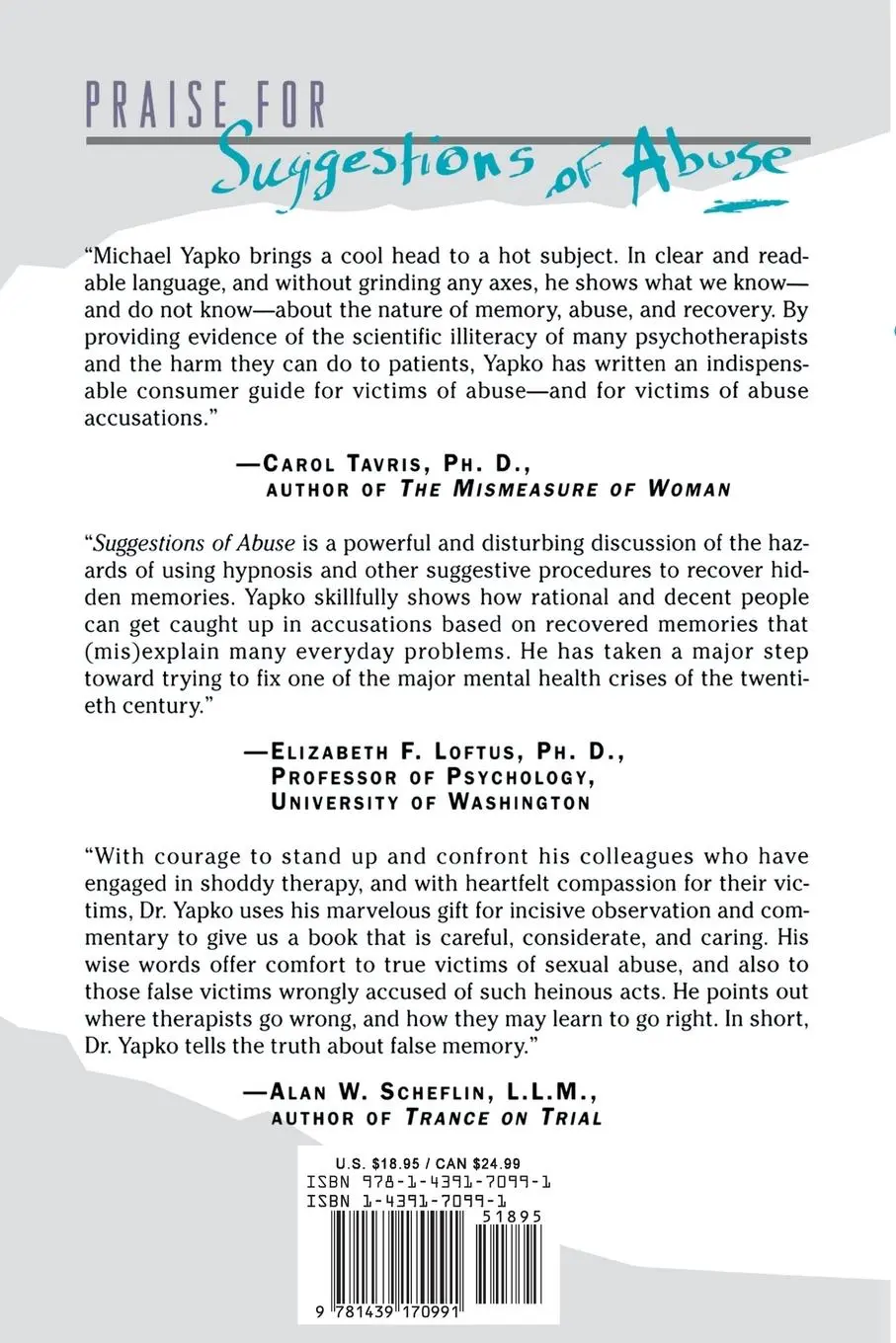 Rückseite: 9781439170991 | Suggestions of Abuse | Michael Yapko | Taschenbuch | Englisch | 2009