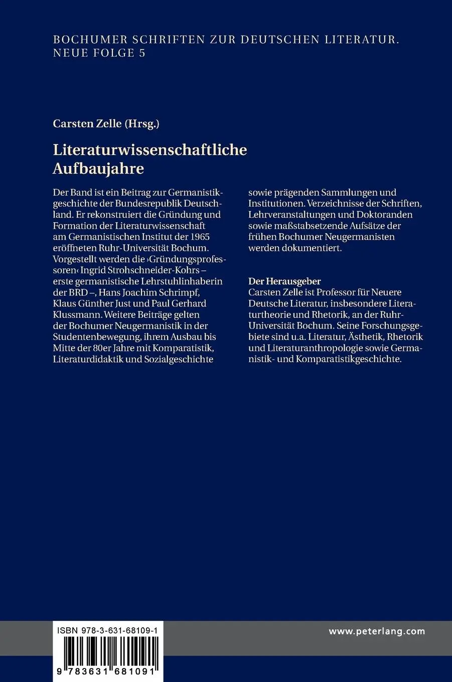 Rückseite: 9783631681091 | Literaturwissenschaftliche Aufbaujahre | Carsten Zelle | Buch | 2016