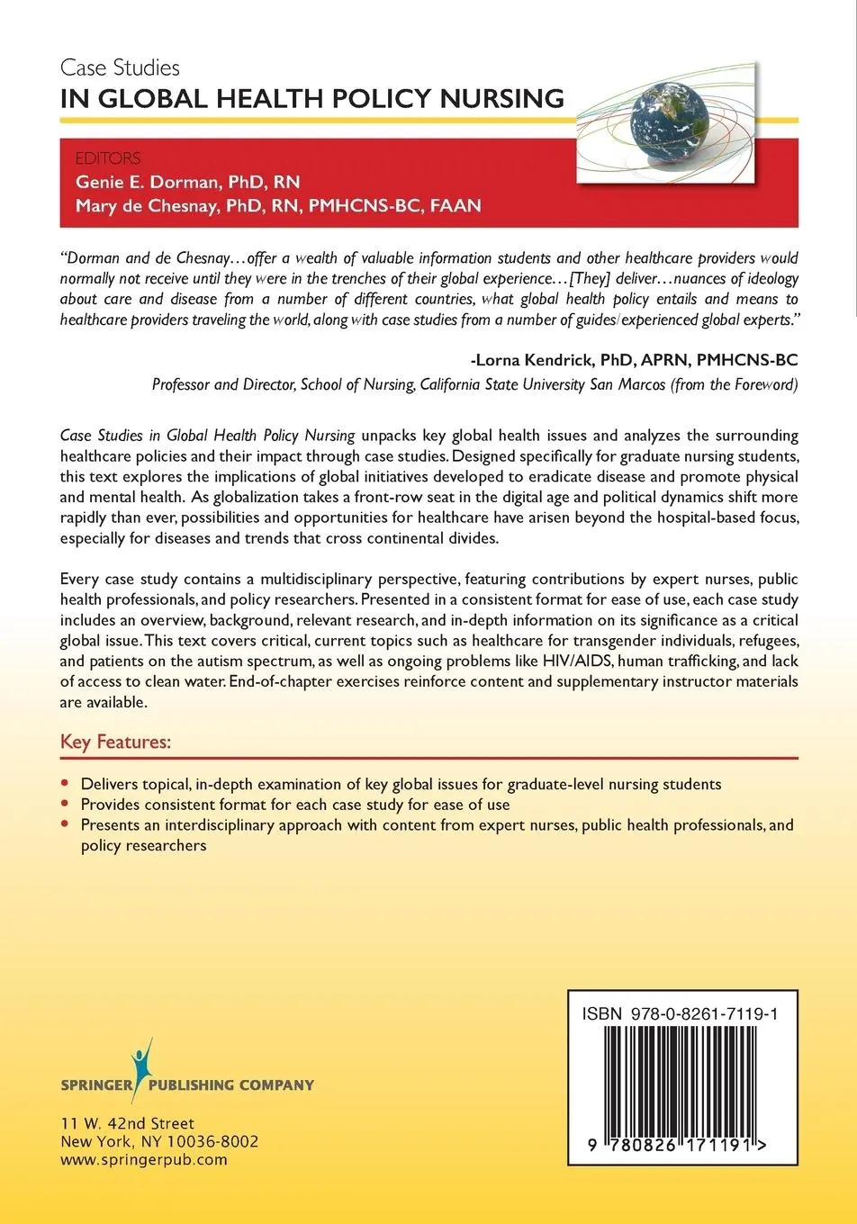 Rückseite: 9780826171191 | Case Studies in Global Health Policy Nursing | Regina Dorman (u. a.)