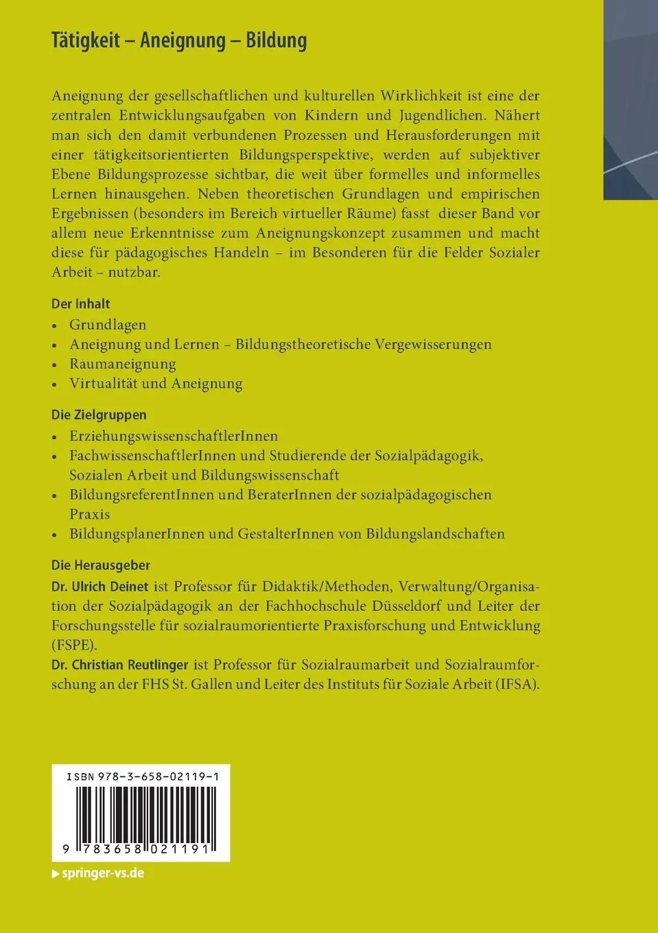 Rückseite: 9783658021191 | Tätigkeit - Aneignung - Bildung | Christian Reutlinger (u. a.) | Buch