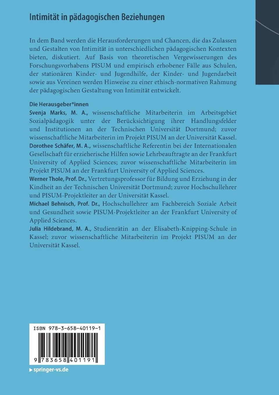 Rückseite: 9783658401191 | Intimität in pädagogischen Beziehungen | Svenja Marks (u. a.) | Buch