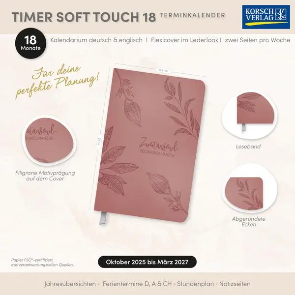 Bild: 9783731891291 | Timer Soft Touch 18 Monate rosewood 2026/2027 | Verlag Korsch | 192 S.