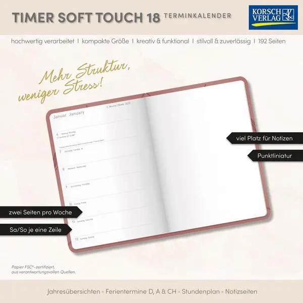 Bild: 9783731891291 | Timer Soft Touch 18 Monate rosewood 2026/2027 | Verlag Korsch | 192 S.