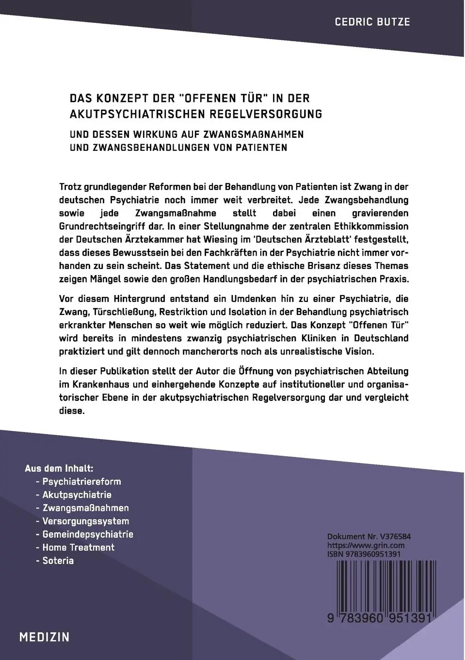 Rückseite: 9783960951391 | Das Konzept der "Offenen Tür" in der akutpsychiatrischen...