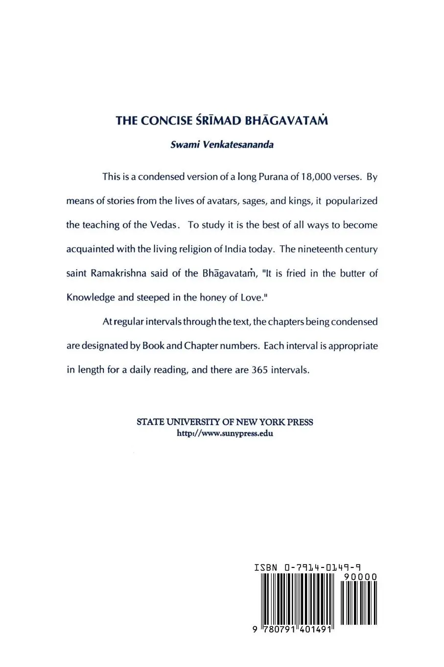 Rückseite: 9780791401491 | The Concise Srimad Bhagavatam | Swami Venkatesananda | Taschenbuch