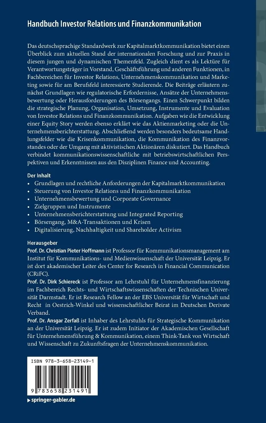 Rückseite: 9783658231491 | Handbuch Investor Relations und Finanzkommunikation | Hoffmann (u. a.)