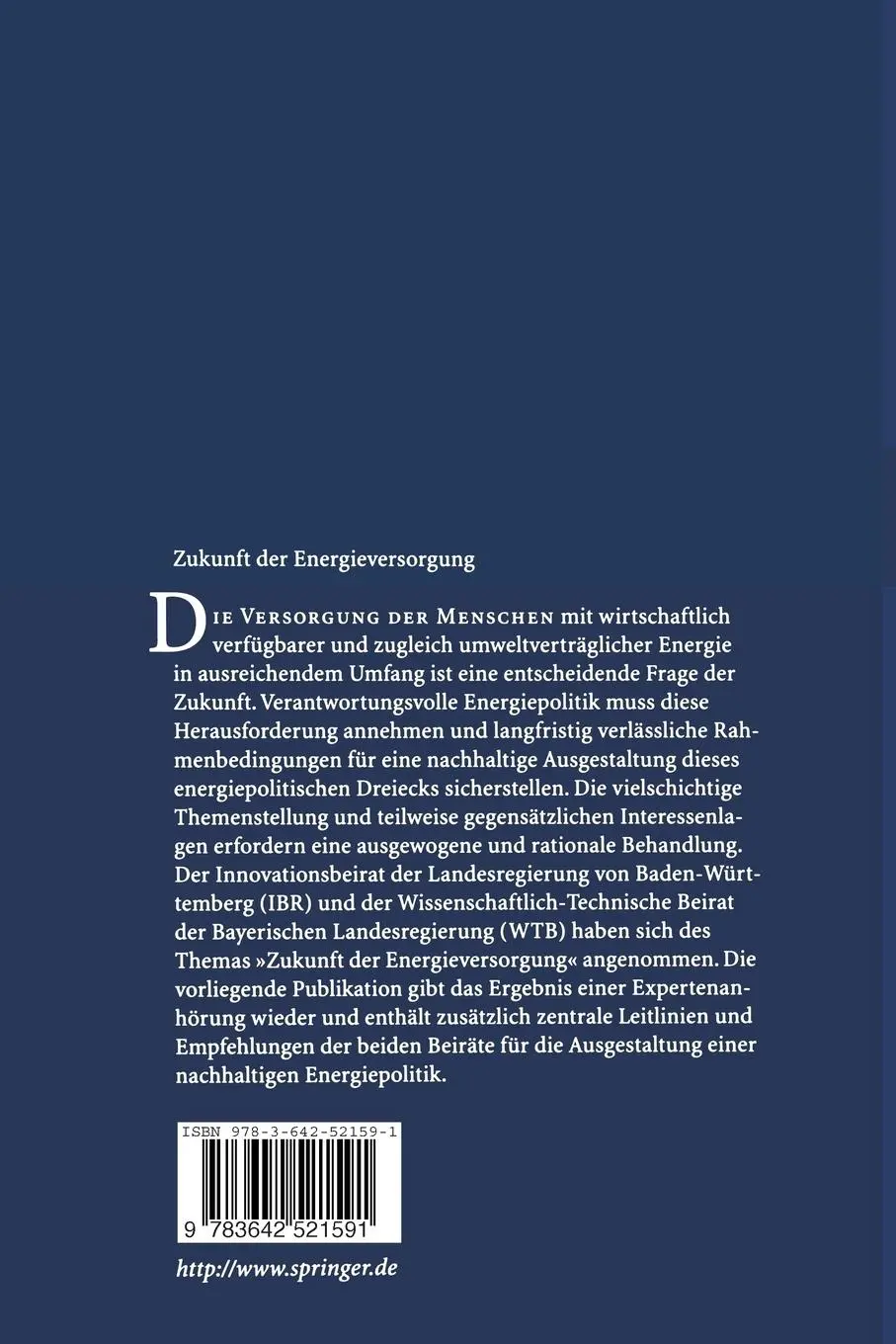 Rückseite: 9783642521591 | Zukunft der Energieversorgung | von | Taschenbuch | viii | Deutsch