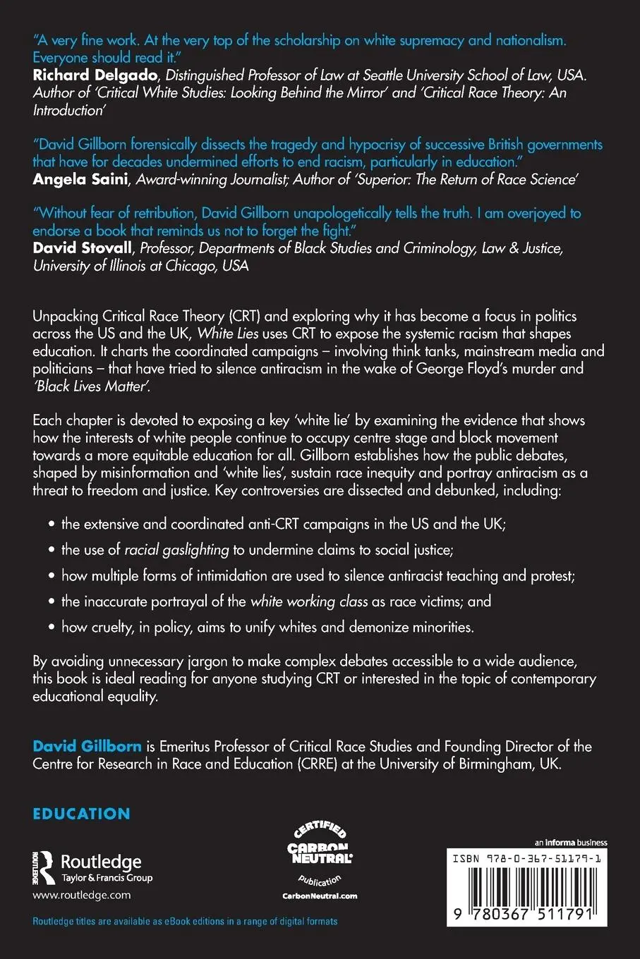 Rückseite: 9780367511791 | White Lies | Racism, Education and Critical Race Theory | Gillborn
