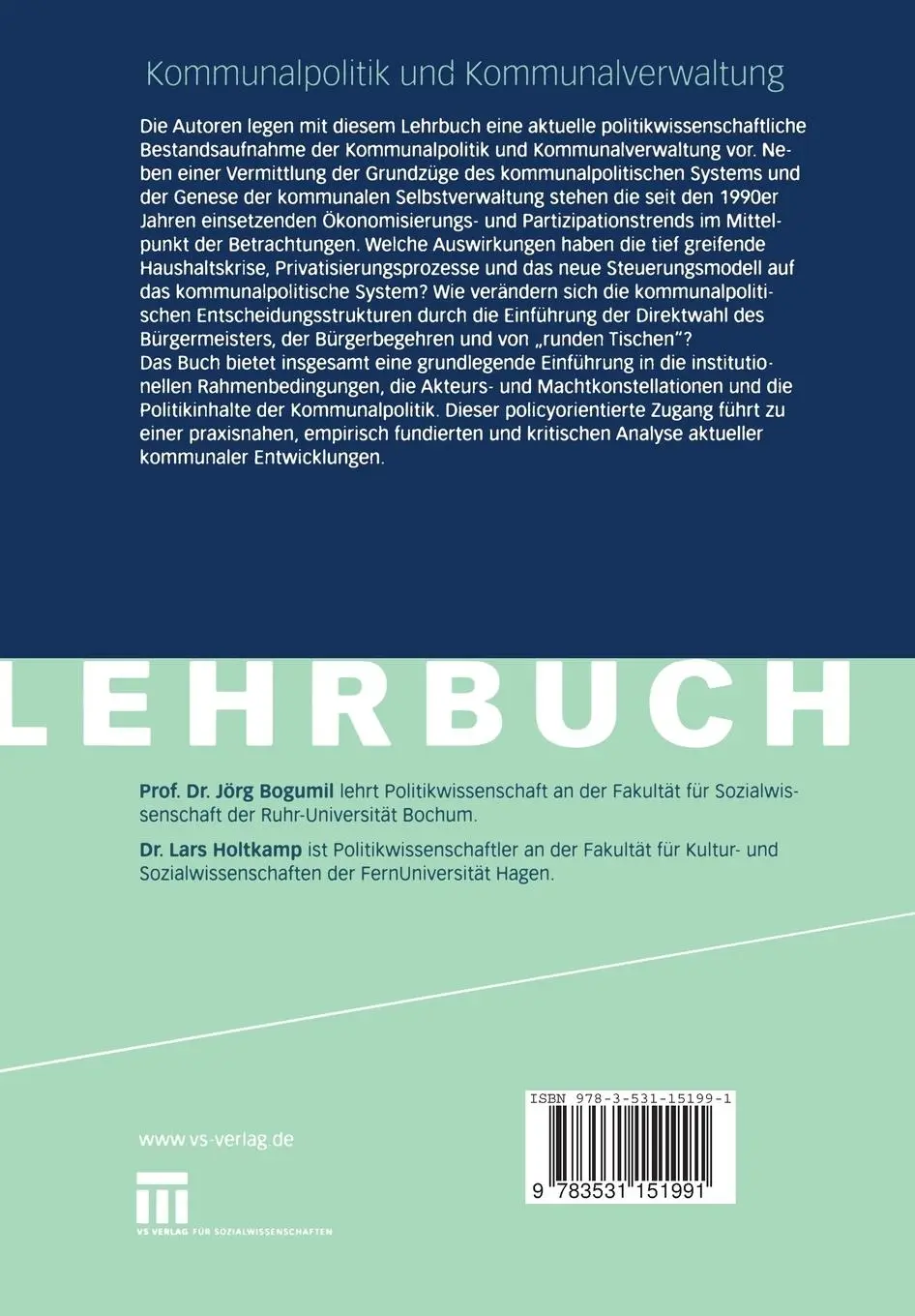 Rückseite: 9783531151991 | Kommunalpolitik und Kommunalverwaltung | Lars Holtkamp (u. a.) | Buch