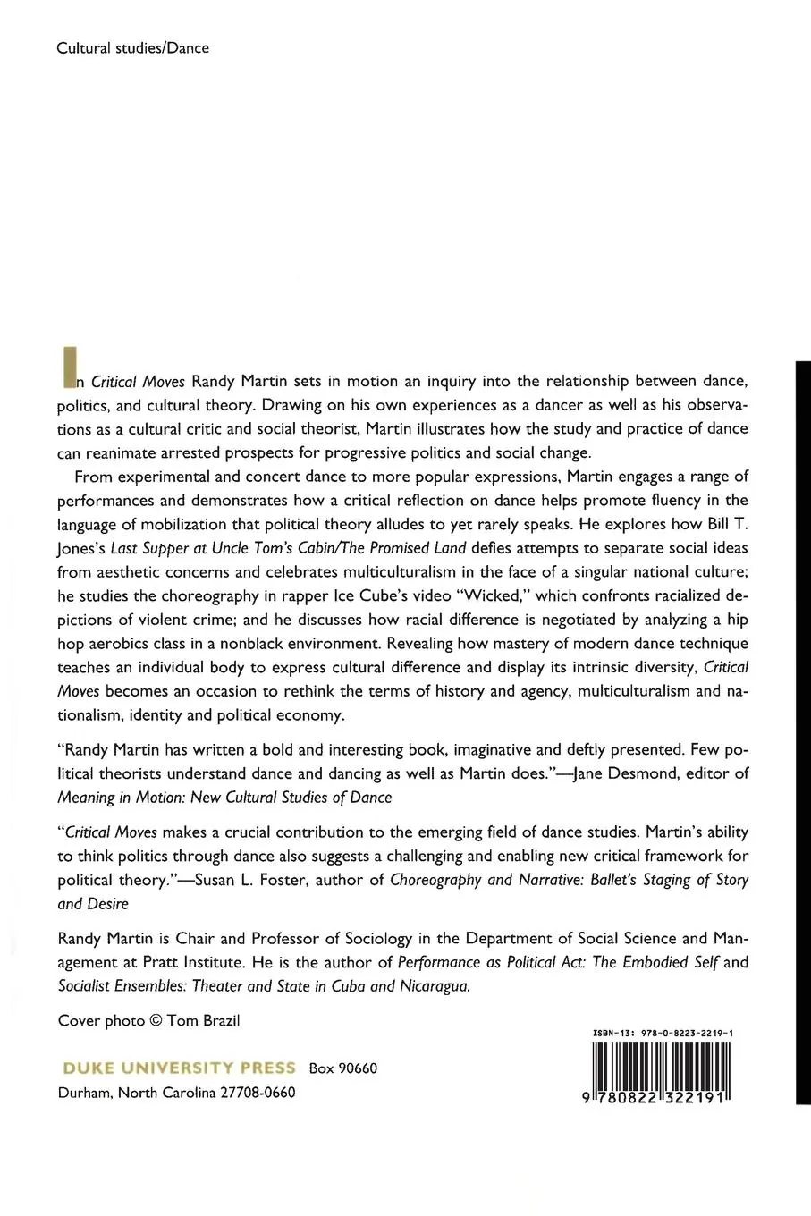 Rückseite: 9780822322191 | Critical Moves | Dance Studies in Theory and Politics | Randy Martin