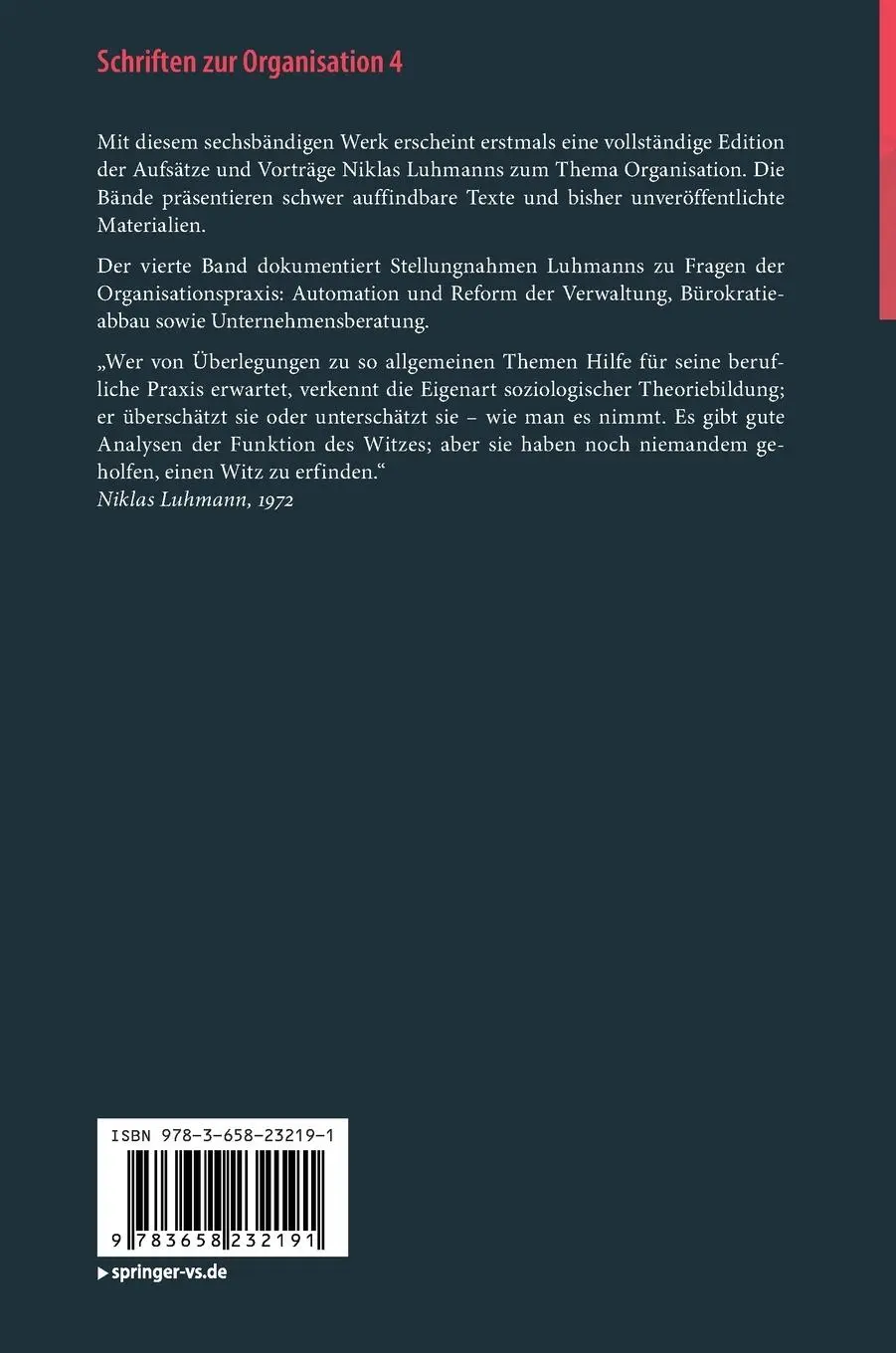 Rückseite: 9783658232191 | Schriften zur Organisation 4 | Reform und Beratung | Niklas Luhmann