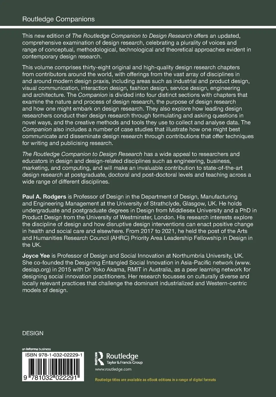 Rückseite: 9781032022291 | The Routledge Companion to Design Research | Joyce Yee (u. a.) | Buch