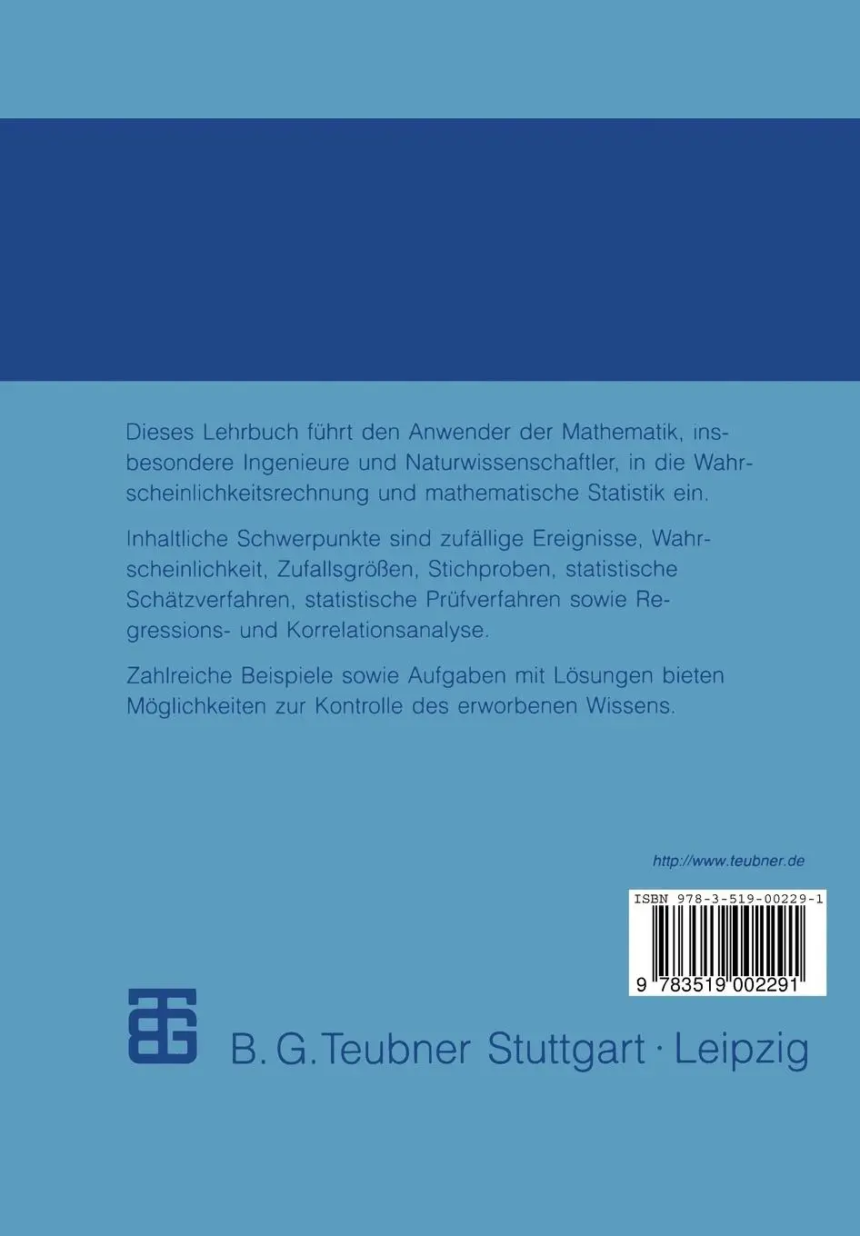 Rückseite: 9783519002291 | Wahrscheinlichkeitsrechnung und mathematische Statistik | Taschenbuch