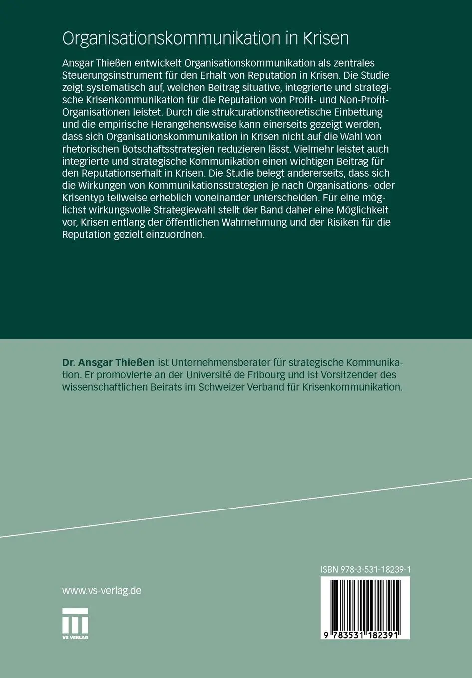 Rückseite: 9783531182391 | Organisationskommunikation in Krisen | Ansgar Thießen | Taschenbuch