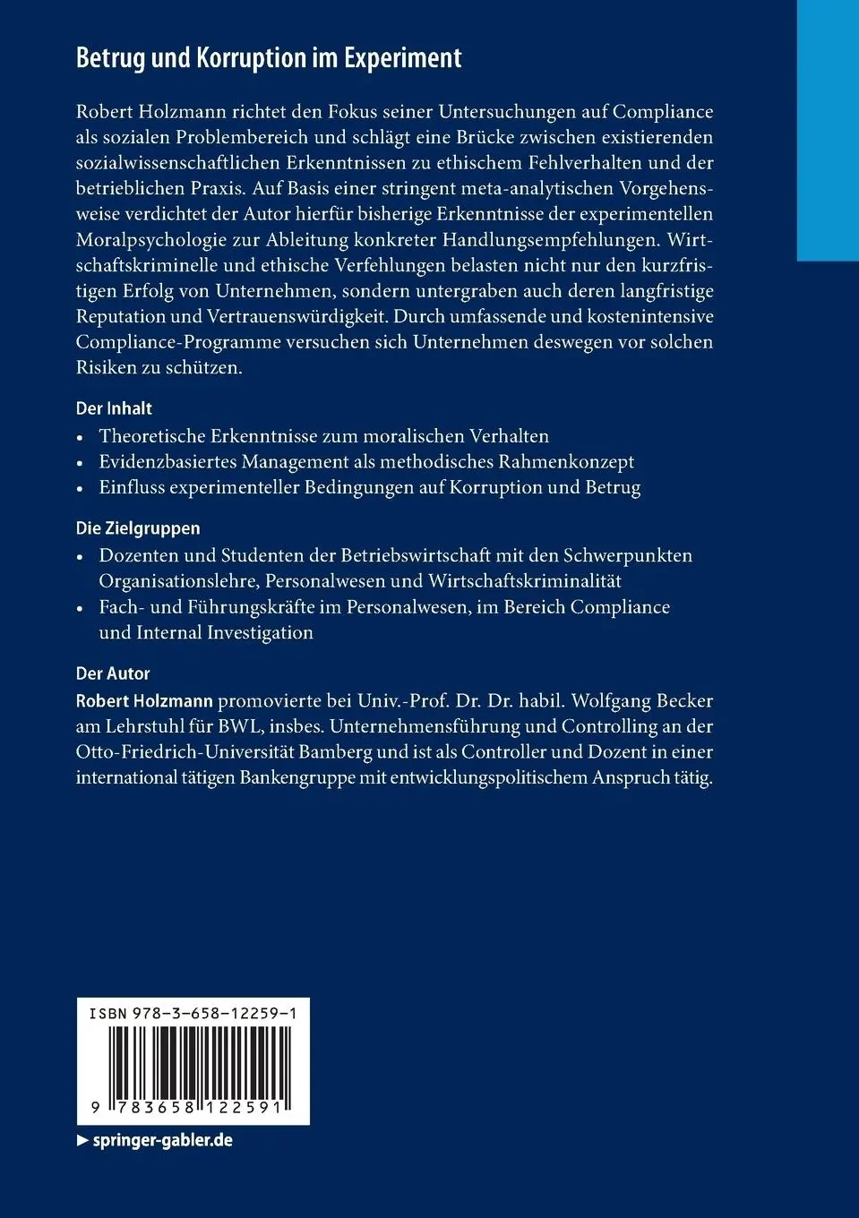 Rückseite: 9783658122591 | Betrug und Korruption im Experiment | Robert Holzmann | Taschenbuch