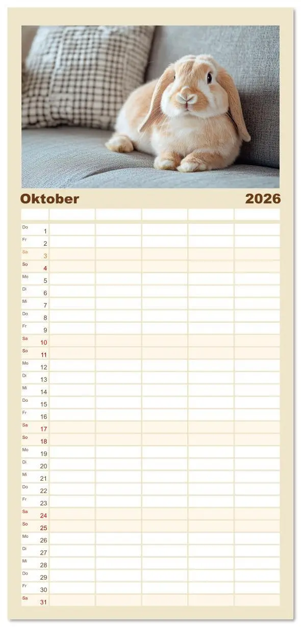 Bild: 9783516612691 | Familienplaner 2026 - Kuschelige Sofa-Kaninchen mit 5 Spalten...