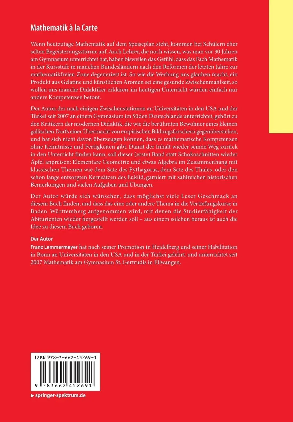 Rückseite: 9783662452691 | Mathematik à la Carte | Franz Lemmermeyer | Taschenbuch | xii | 2014