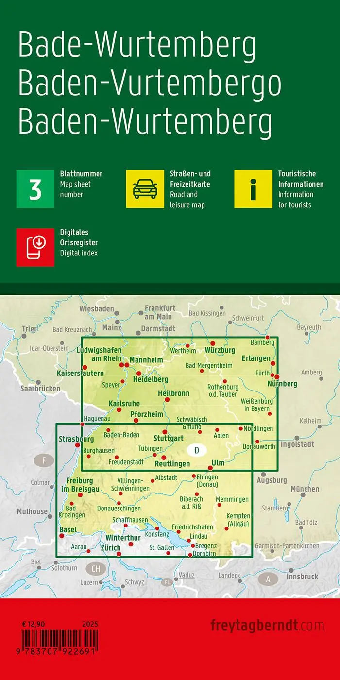 Rückseite: 9783707922691 | Baden-Württemberg, Straßen- und Freizeitkarte 1:200.000, freytag &amp;...