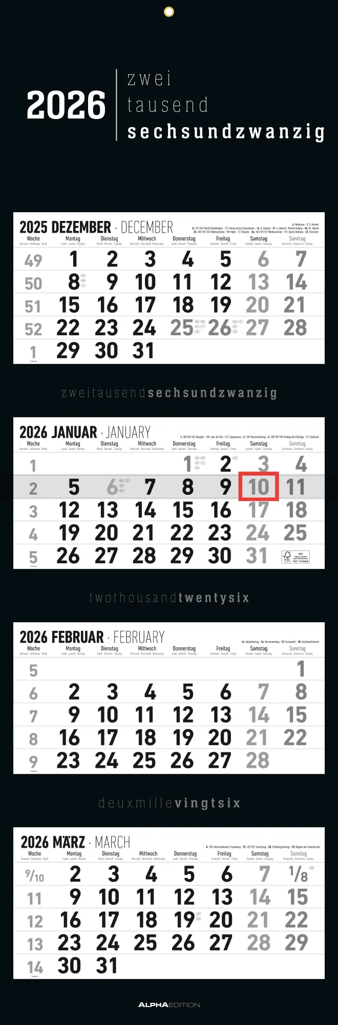 Cover: 4069095002791 | 4-Monatskalender Black 2026 - Büro-Kalender 33x20 cm (geschlossen),...