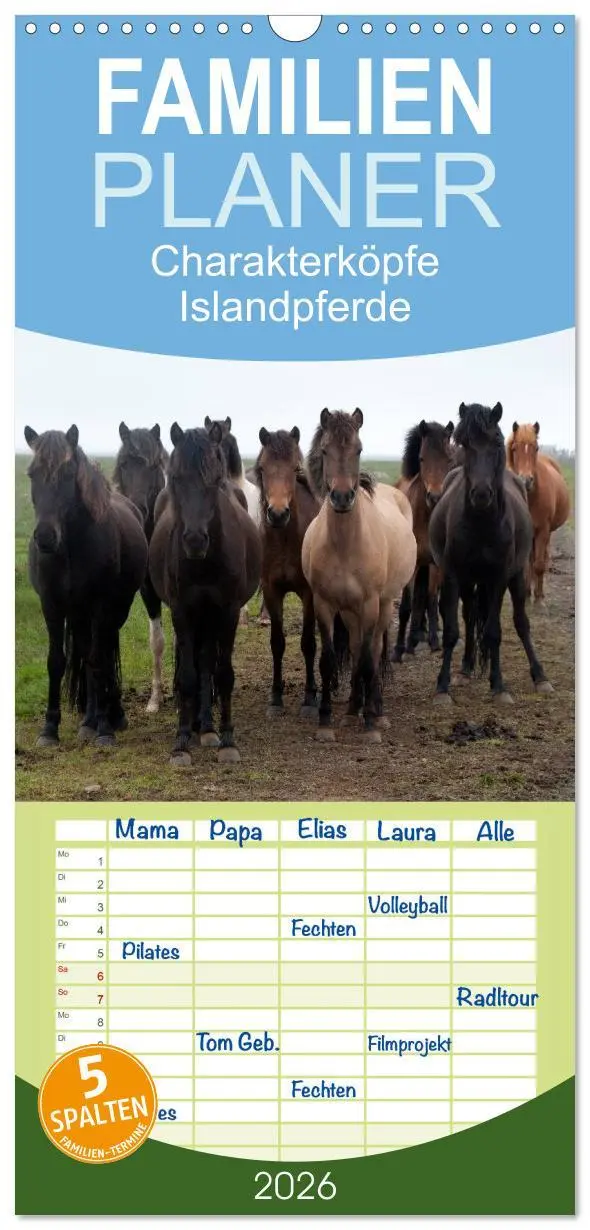 Cover: 9783516522891 | Familienplaner 2026 - Charakterköpfe Islandpferde mit 5 Spalten...