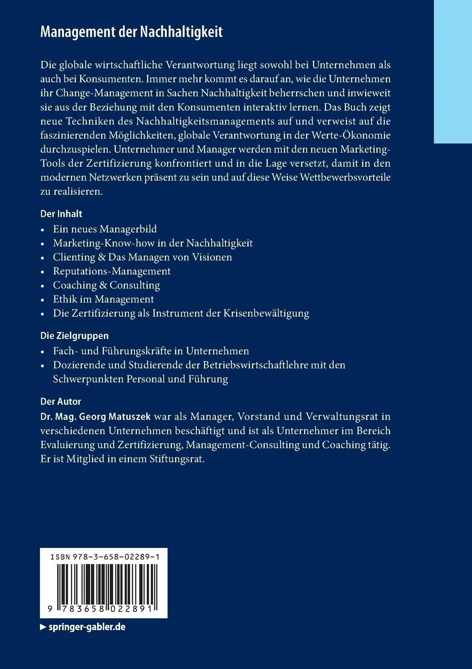 Rückseite: 9783658022891 | Management der Nachhaltigkeit | Georg Matuszek | Taschenbuch | ix