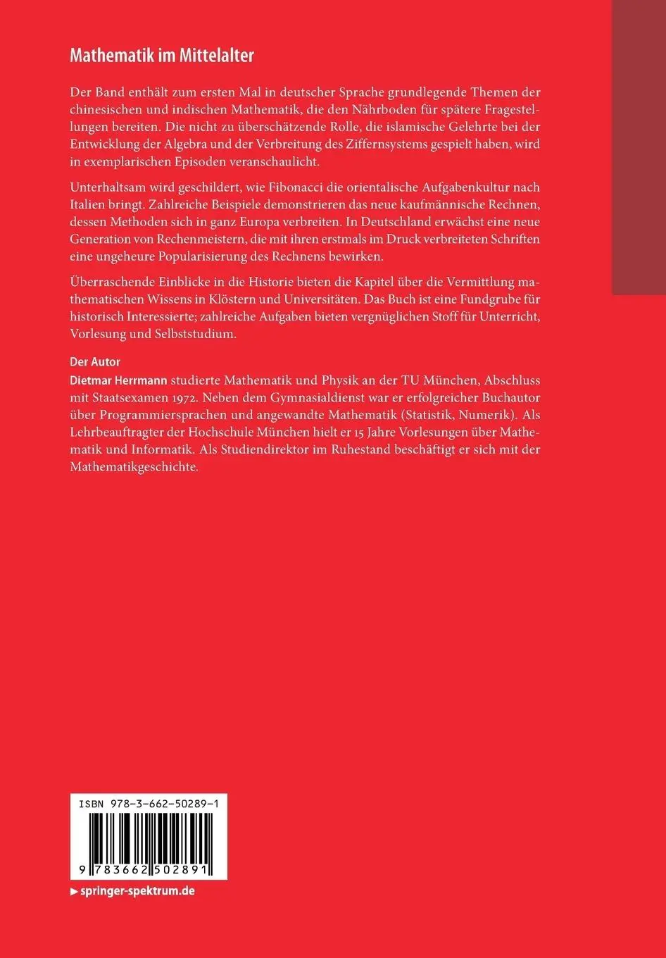 Rückseite: 9783662502891 | Mathematik im Mittelalter | Dietmar Herrmann | Taschenbuch | XV | 2016