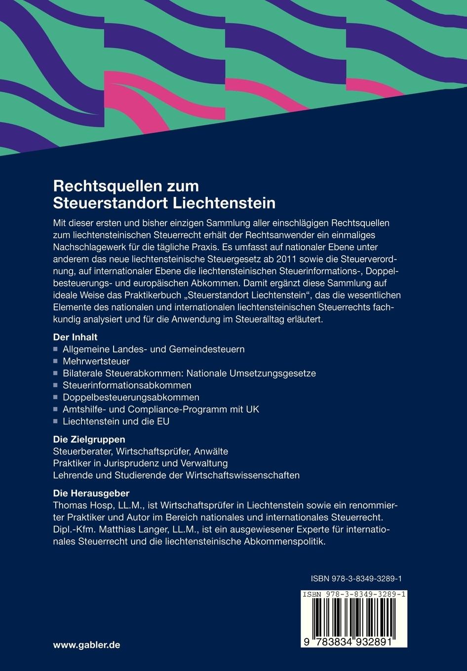 Rückseite: 9783834932891 | Rechtsquellen zum Steuerstandort Liechtenstein | M. (u. a.) | Buch