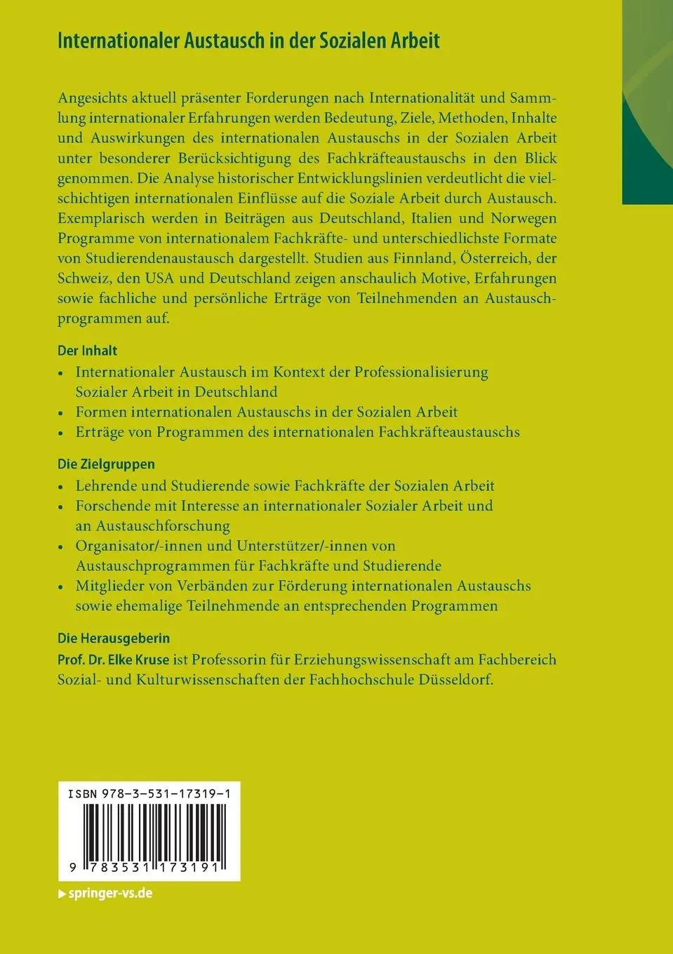 Rückseite: 9783531173191 | Internationaler Austausch in der Sozialen Arbeit | Elke Kruse | Buch